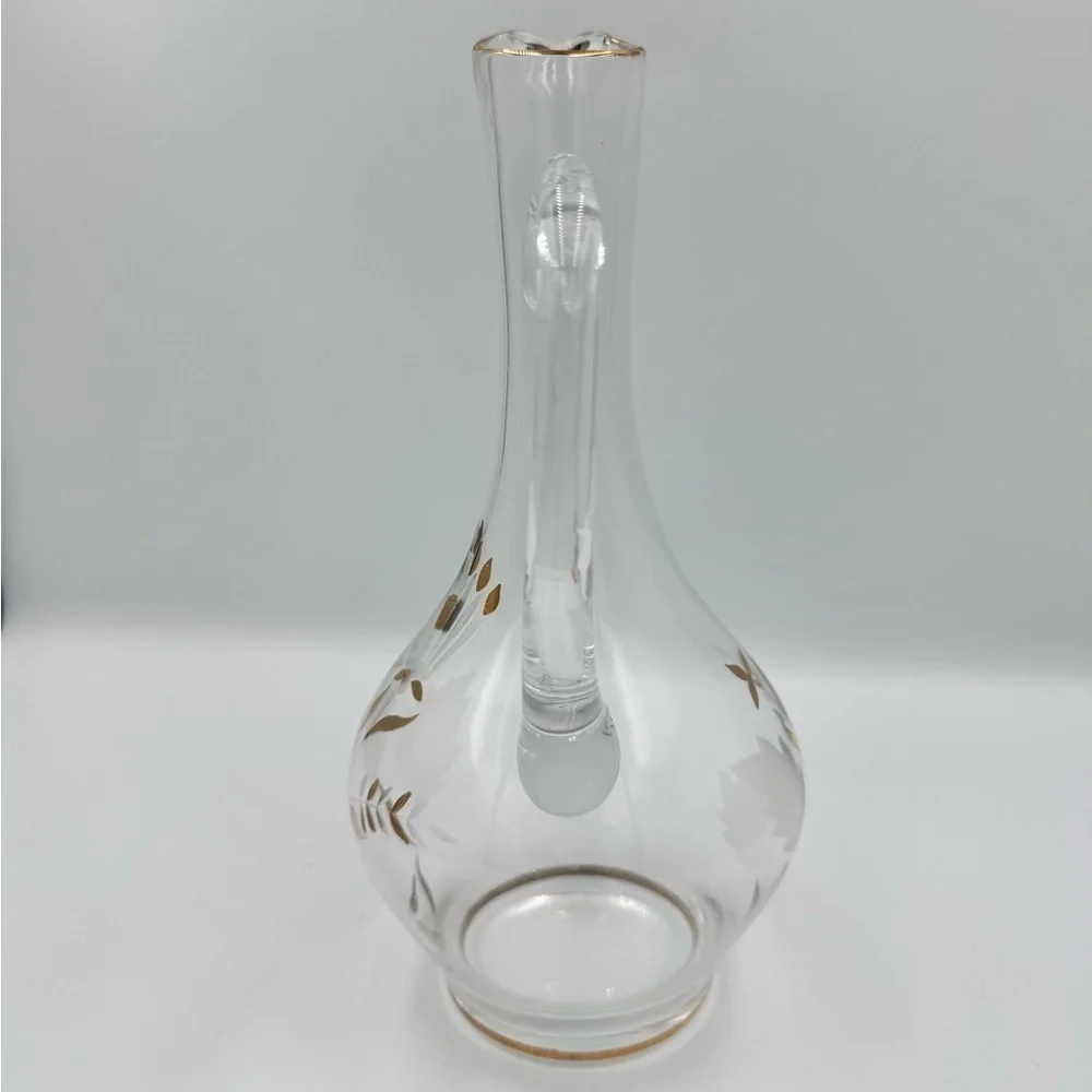 Vintage Hand Blown Glass Pitcher Applied Handle Etched with Gold Gild